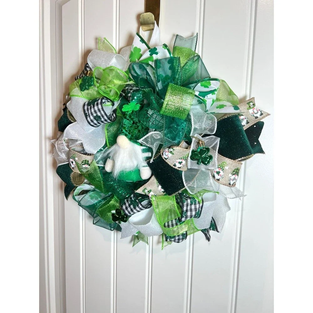13” St. Patrick’s Day Ribbon Wreath Gnomes : Green & White Handmade MW10